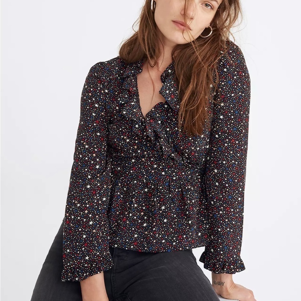 Madewell Silk Ruffle-Hem Wrap Top in Starry Night - size XS